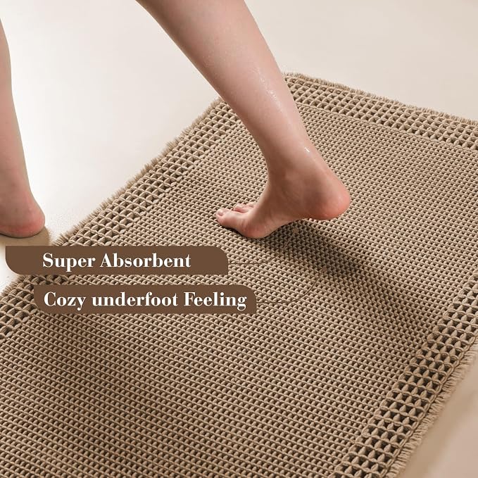 RESARE Waffle Bath Mat for Bathroom, Non Slip Bathroom Rugs 20"x32" Brown | Absorbent Boho Bathroom Floor Mats Machine Washable Quick Dry, Soft Solid Bath Rugs with Tassels, Ideal Farmhouse Home Decor
