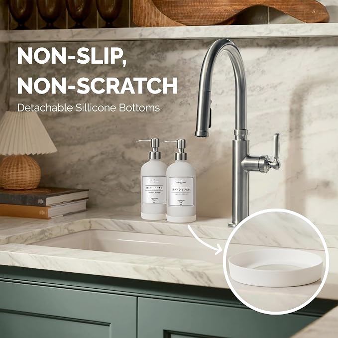 Vine Creations White Glass Soap Dispenser, 2 Pack Kitchen Soap Dispenser Set with Stainless Steel Pump, 16 oz Dish Soap and Hand Soap Dispensers for Bathroom with Waterproof Labels