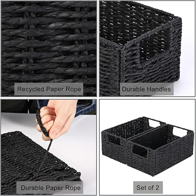 Wicker Storage Basket, Set of 2 Hand-Woven Paper Rope Wicker Basket, Small Storage Baskets for Organizing Toilet Paper Basket, Foldable Large Cube Storage Organizer Bins for Shelves (Black)