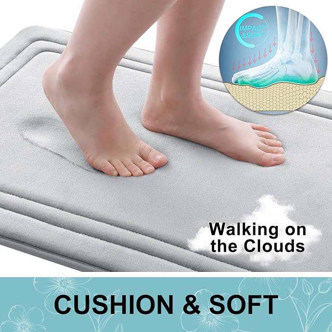 Grandaily Memory Foam Bath Mat Rug 30x20, Ultra Soft, Non-Slip and Absorbent Bathroom Rugs, Machine Wash Dry, Comfortable Bath Carpet for Bathroom Floor, Tub and Shower, Grey
