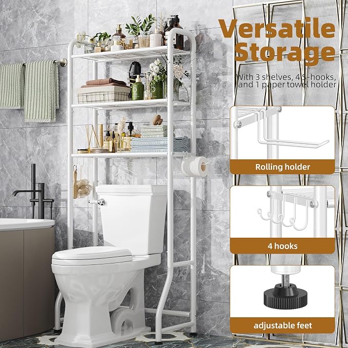 Simple Trending Over The Toilet Storage Rack, Metal 3 Tier Bathroom Organizer Shelf with Paper Holder and 3 Hooks, Freestanding Shelf Space Saver Above Toilet, White