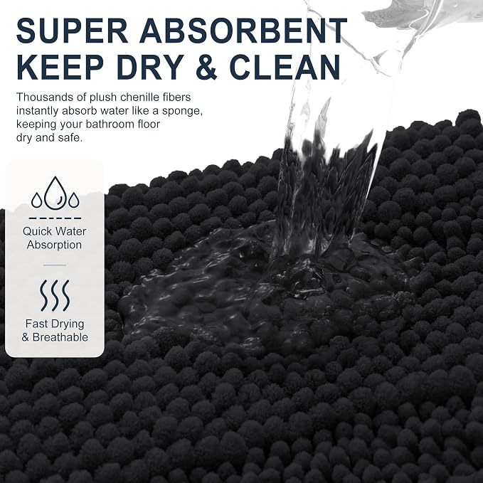 Smiry Thick Chenille Bathroom Rugs 36x24, Soft Absorbent Bath Mat, Black | Quick‑Dry & Machine Washable, Non‑Slip Bath Carpet, Striped Bath Rugs for Tub & Shower, Modern Home Decor Accessories