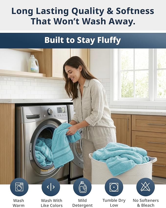 LANE LINEN Bath Towel Set Quick Dry 100% Cotton 6 Piece Soft - Blue | Cotton Bath Towels - Classic Terry Weave, Densely Woven, Coordinated Colors, Dobby Border Accent, OEKO-TEX Certified