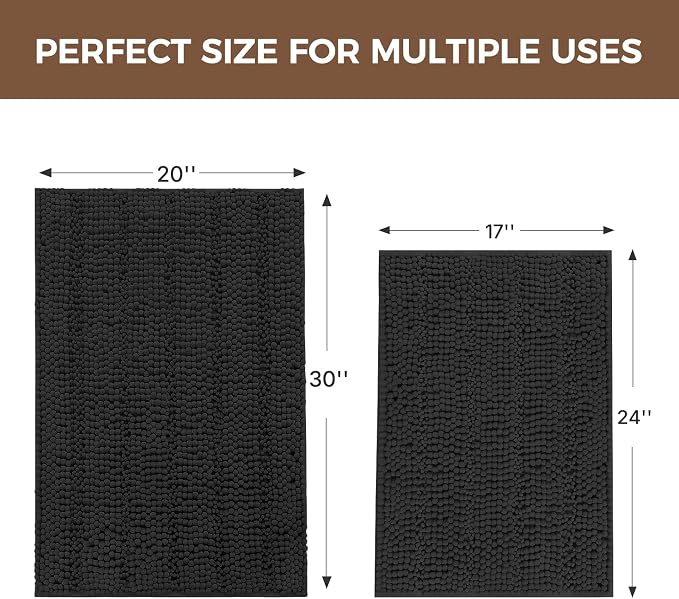 Bcoimo Bath Rug Mat Set, 2 Piece High Absorbent Chenille Bathroom Mat Black | Non Slip with Rubber Backing Bathroom Rugs set; Machine Washable;Extra Soft Bath Rug;High Absorbent、Quick Dry Microfiber mat