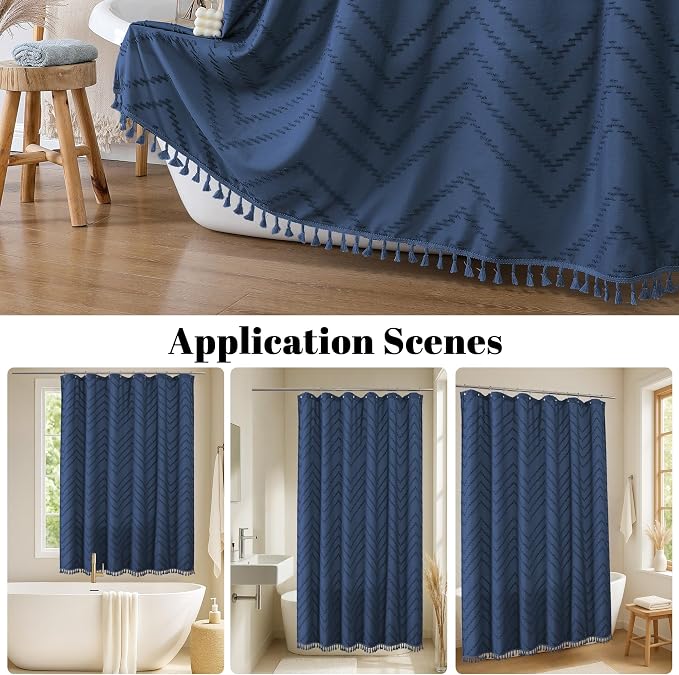 Extra Long Dusty Blue Boho Shower Curtain, Chic Tufted Chevron Striped Textured Fabric Cloth Shower Curtains with Tassel for Bathroom, Soft Hotel Style Farmhouse, Machine Washable, 72x84