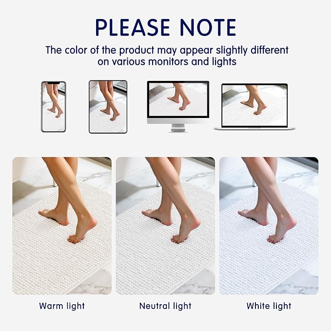 SUBRTEX Bathroom Rugs Chenille Bath Rug Soft Short Plush Bath Mat Soft Shower Mat Water Absorbent Shower Mat Quick Dry Machine Washable(White,18" x 24")
