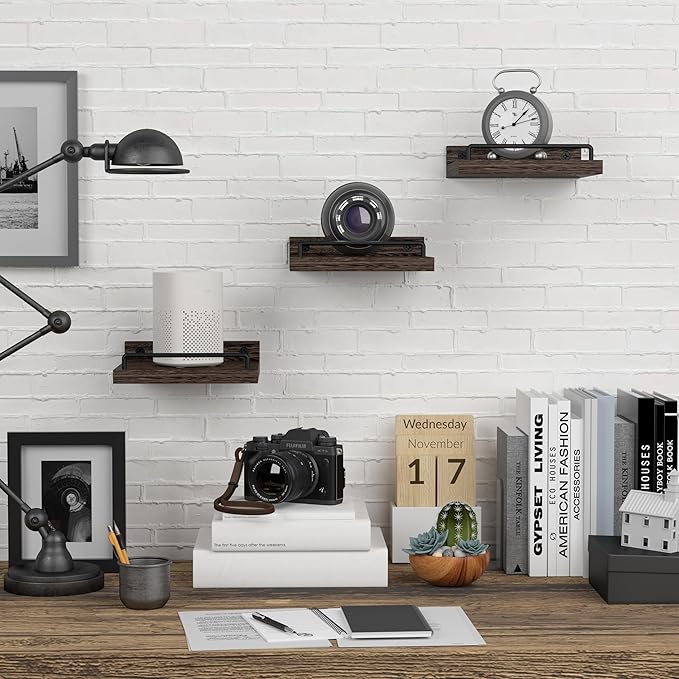 RYOFOBETTO Small Floating Shelf, 6X6 Inches Farmhouse Wall Shelves for Living Room, Bedroom, Picture Frames, Plants, Kitchen, Set of 3 (Brown)