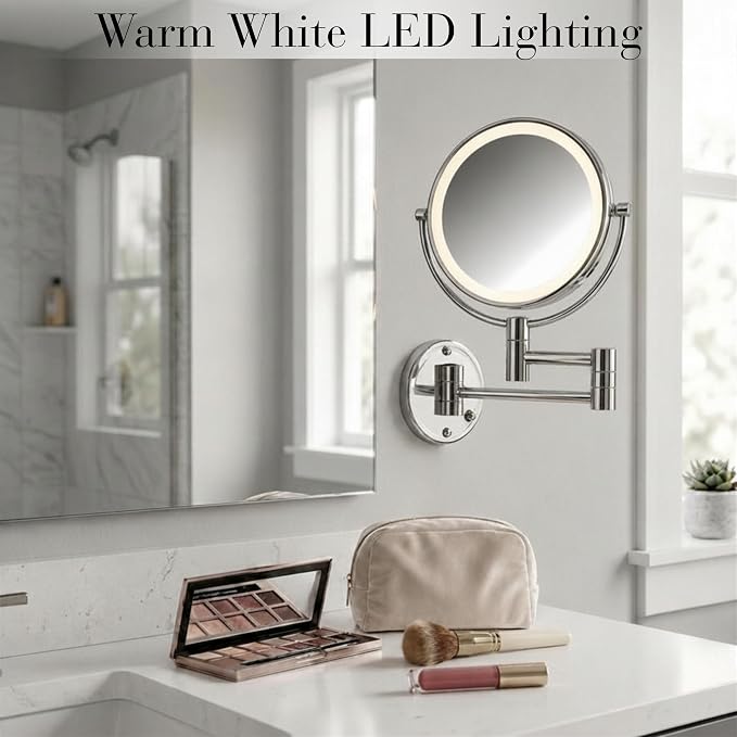 JERDON Hardwired Wall-Mount Makeup Mirror - 8X/1X - Chrome - HL88CLD | 8.5" Round Frame, 13.5" Wall Arm, LED Lighting, Direct Wire Installation