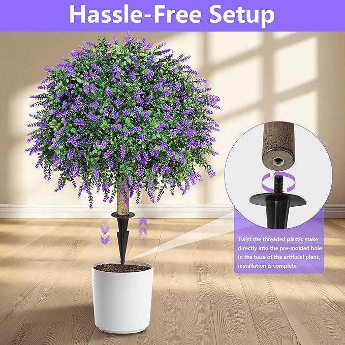 26'' Artificial Topiary Boxwood Ball Trees with Lavender 2 Pack Fake Plants for Outdoor Indoor Artificial Shrubs with Ground Spike UV Resistant Fake Bushes for Front Porch Garden (Purple)