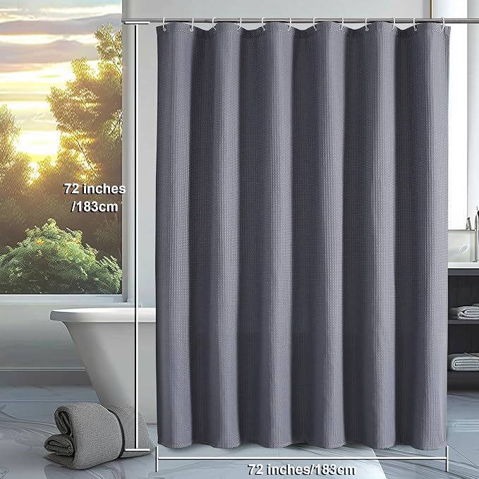 Grey Shower Curtain Set, Waffle Textured Heavy Duty Fabric Shower Curtain for Bathroom, Luxury Hotel Weighted 230GSM Bath Curtain with 12 Plastic Hooks, Machine Washable, 72x72