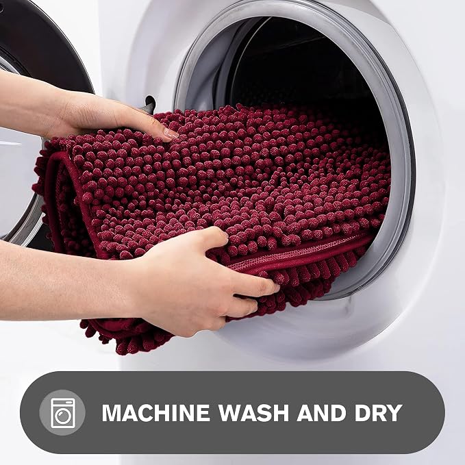 Vivid Burgundy Bathroom Rugs – Absorbent and Washable Bath Mat, Non-Slip, Thick Soft Chenille Bath Rugs for Bathroom Floor, Shower, Sink - 20" x 32"