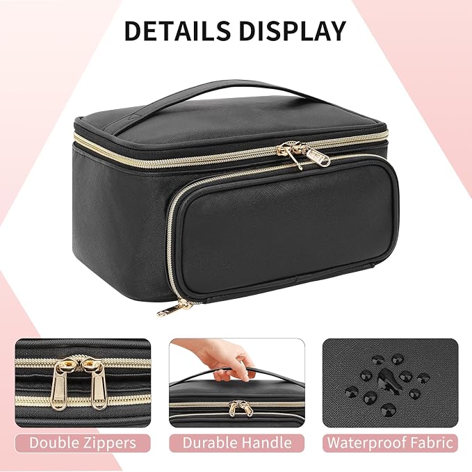 Makeup Bag, Multifunctional Make Up Bags with Zipper Pouch Large Compact Makeup Bag Organizer for Women Girls Cosmetics Toiletry Brushes Storage Makeup Case with Handle Divider-Black