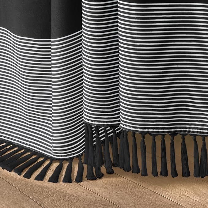 Black Boho Cotton Striped Shower Curtain with Tassel 72" W X 72" L | Boho Farmhouse Shower Curtains for Bathroom with Soft Cotton Feel