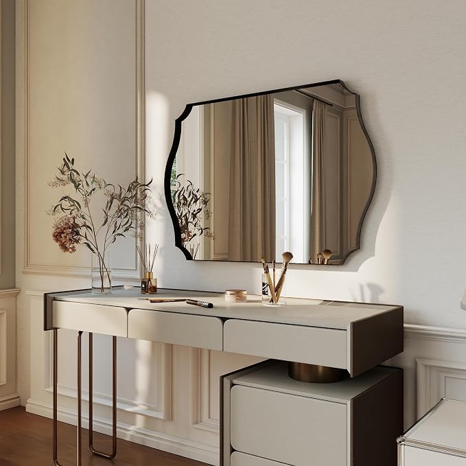 Black Vanity Wall Mirror 32"x24", Scalloped Edge Bathroom Mirror | Rust-Proof Metal Frame, Hangs Vertically/Horizontally, Decorative Bathroom Mirror, For Vanity, Bedroom & Entryway
