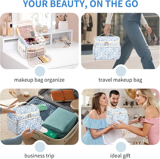 CUBETASTIC Travel Makeup Bag, Floral Make Up Bag with Brush Compartment, Vertical Storage Toiletry Bag with Partitions, Large Make Up Pouch for Women, Portable Makeup Case with Multi-Pockets