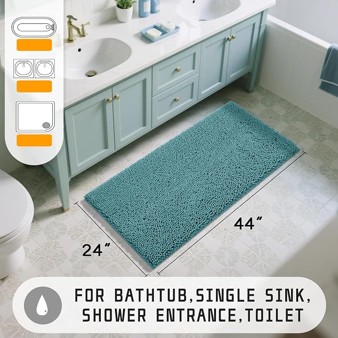 Yimobra Long Bathroom Rugs 44"x24", Extra Soft Non Slip Bath Mat for Tub, Super Absorbent Quick Dry Shaggy Rug Floor Carpet, Machine Washable,Teal Blue