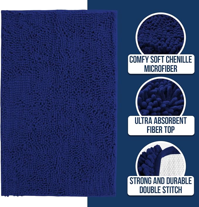 Muddy Mat® | Chenille Bathroom Rugs Quick Dry Microfiber Mats Non Slip Washable, Extra Thick, Soft and Highly Absorbent Bath Mats for Bathroom, Kitchen, and Shower Floor - Navy Blue 18"x28"