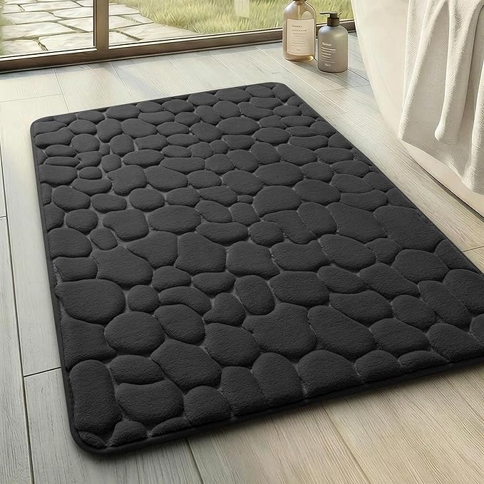 Bathroom Mat Rug, Memory Foam Bath Mat, Non-Slip Bathroom Floor Mats, Cobblestone Bath Mats Absorbent Bath Rugs Washable Quick Dry (17x24,Black)