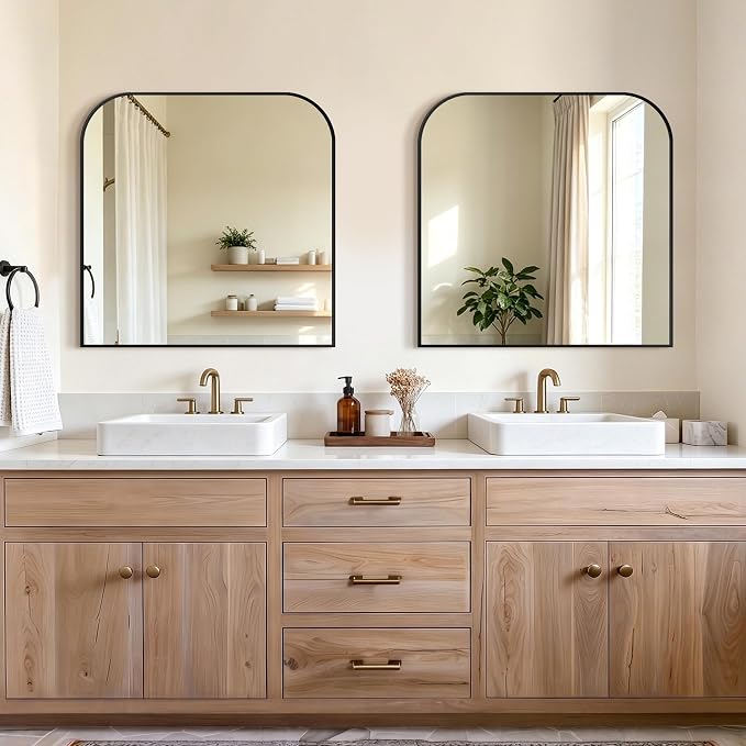 Bathroom Black Vanity Mirror for Over Sink, 30" x 30" | Metal Framed Rounded Corner, Shatterproof Glass, for Bedroom, Living room, Entryway