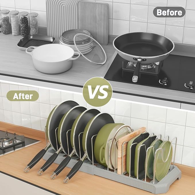 Expandable Pan Organizers Inside Cabinet with 12 Dividers Grey | Extends 12.9-21.9", Holds cookie sheets, cutting boards, pot lids and pans, iron dividers, plastic base, under cabinet rack