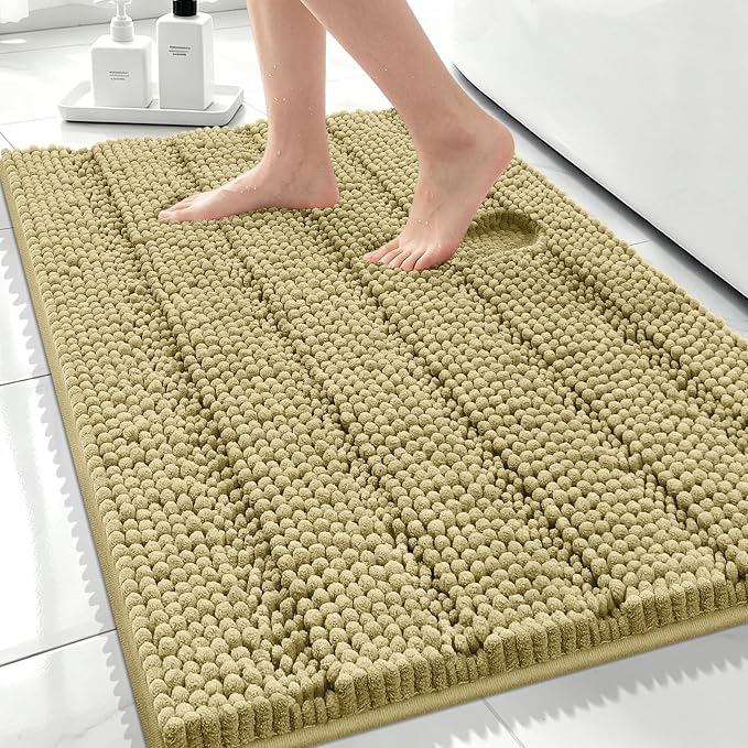 Bcoimo Bath Rug Mat,Beige Chenille High Absorbent Bathroom Shower Tub Mats | Non Slip with Rubber Backing Bathroom Rugs Machine Washable;Extra Soft Bath Rug ;High Absorbent And Quick Dry Microfiber mat;