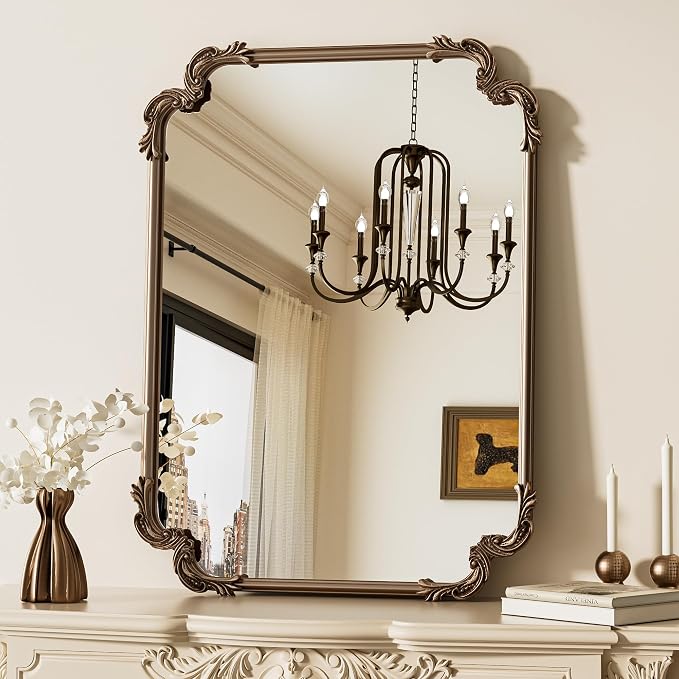 Antique Gold Brass Rectangle Mirror for Mantle Fireplace 24 x 32 Baroque Vintage Ornate Scroll Wall Mirror with Metal Frame for Traditional Victorian French Decor, Horizontal/Vertical
