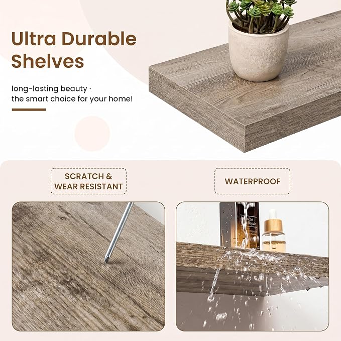 Marsmiles 9.25in Depth 32in Floating Shelves, 32x9.25x1.4, Grey, Set of 2 | Wall Mounted Engineered Wood Shelves, Invisible Brackets for Living Room, Bedroom, Bathroom, Kitchen Decor and Storage