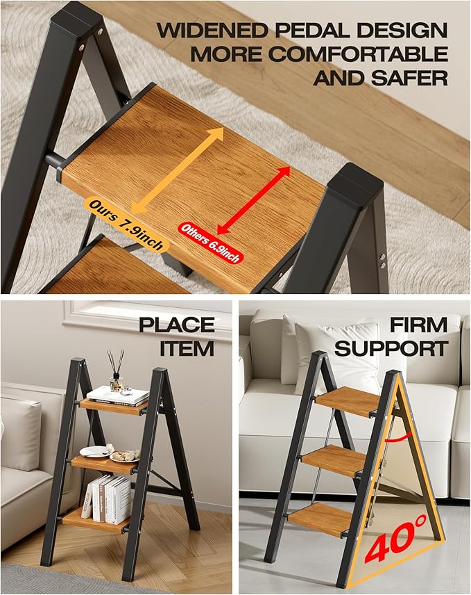 Taranta 3 Step Stool Foldable,Aluminum Step Ladder-BlackWoodgrain | Lightweight,Wide Anti-Slip Pedals,Folding Step Stool,330lbs Capacity for Household,Kitchen,Office