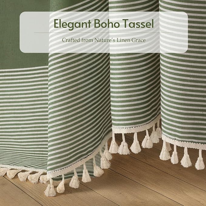 Sage Green Boho Linen Striped Shower Curtain with Tassel 72"W X 72"L | Boho Farmhouse Shower Curtains with Linen Texture for Bathroom Decor