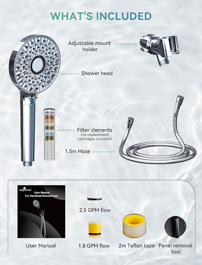 Magichome Filtered Shower Head with Handheld, 10-Mode Adjustable Detachable Chrome Showerhead w/Stainless Hose, Water Softener Filter Beads for Hard Water - Remove Chlorine, Reduce Dry Itchy Skin