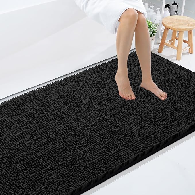 Smiry Bathroom Rugs 59X35, Luxury Chenille Extra Soft Absorbent Bath Mat | Black, Machine Washable Non-Slip Plush Bath Mats for Bathroom, Tub, Shower, and Floor, Home Decor