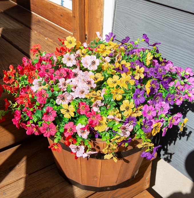Artificial Flowers for Outdoor Indoor Garden Home Decoration, Faux Flower Daisy with Eucalyptus Leaves Fake Plants Greenery Boxwood Porch Patio, 12 Bundles (Mix Pink Red Purple Yellow)