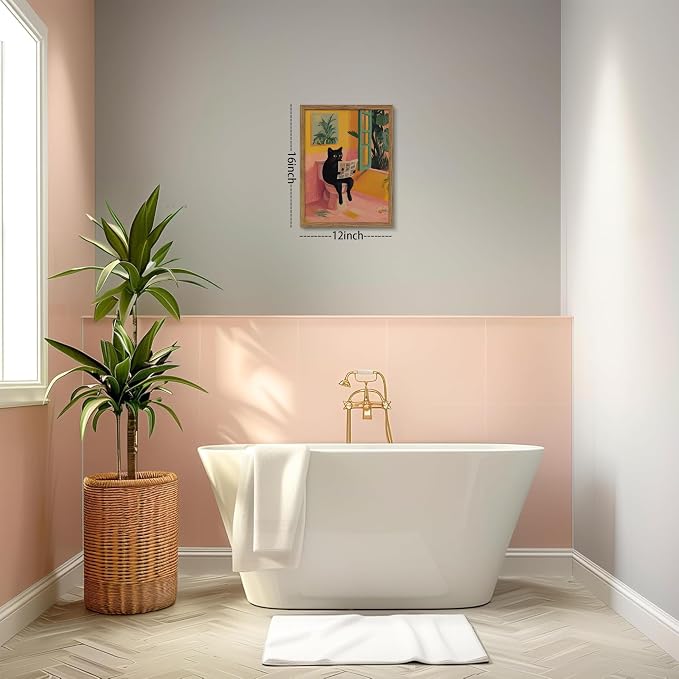 Funny Cat Bathroom Wall Art, Cute Black Cat Sitting on Toilet Reading Newspaper Wall Decor Painting, Whimsical Animal Canvas Artwork Prints Pictures for Bathroom Restroom 12x16 Inch Framed