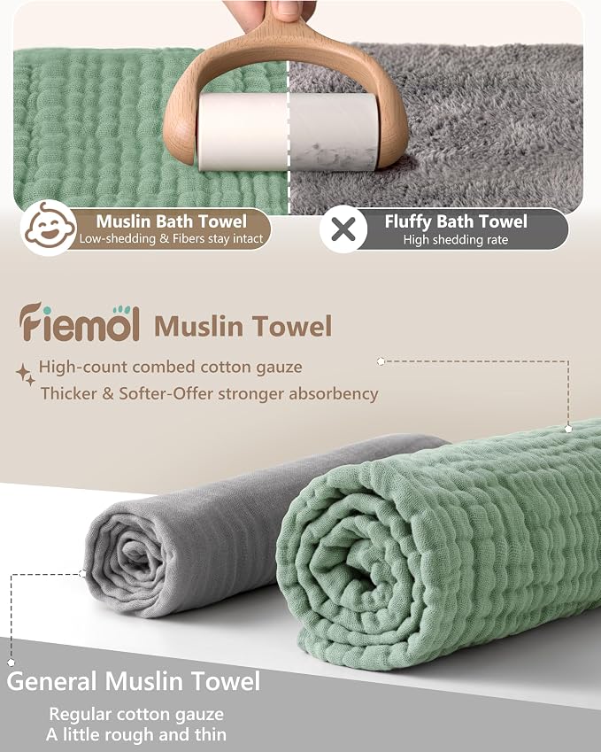 Baby Bath Towels, 100% Muslin Cotton Hooded Baby Towels for Newborn, 2 Pack Baby Towels with Hood for Infant Toddler and Kids, Large 32x32Inch Unisex Bath Essentials, Soft and Absorbent