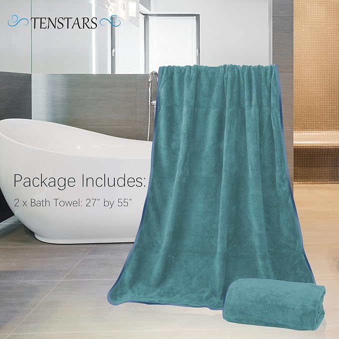 TENSTARS Silk Hemming Bath Towels for Bathroom Clearance - 27 x 55 inches - Light Thin Quick Drying - Soft Microfiber Absorbent Towel for Bath Fitness, Sports, Yoga, Travel, Gym - 2 Pack, Teal