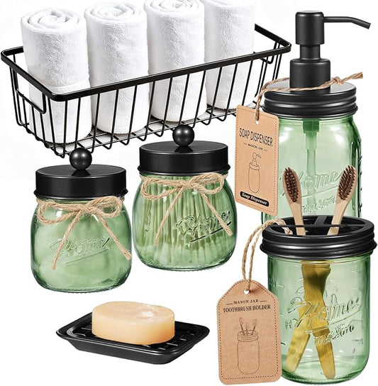 SheeChung Mason Jar Bathroom Accessories Set, 6Pcs Green Glass Bathroom Set | (Black) Soap Dispenser,Toothbrush Holder,2 Qtip Holders,Soap Dish,Wire Basket,Rustic Farmhouse Decor for Bathroom Countertop