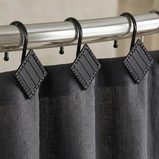 Matte Black Shower Curtain Hooks: 12PCS Geometric Bathroom Curtain Rings | Elegant Rust Proof Metal Diamond Shower Hooks, Stylish Decorative Curtain Rod Hangers for Modern Bathroom Decor