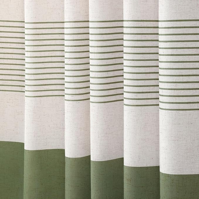 Sage Green Boho Linen Striped Shower Curtain with Tassel 72"W X 72"L | Boho Farmhouse Shower Curtains with Linen Texture for Bathroom Decor