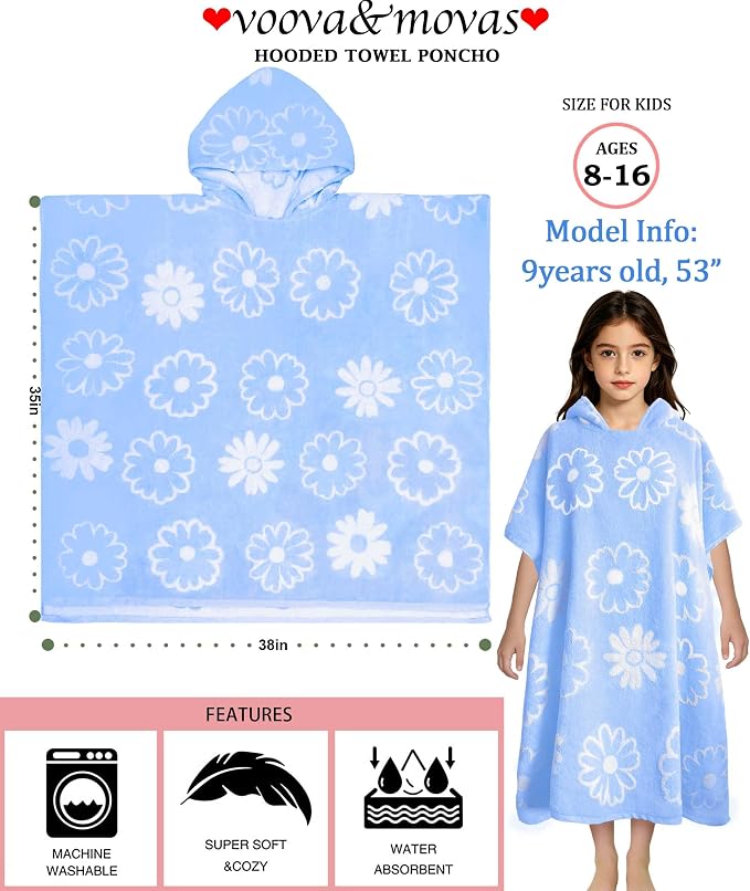 VOOVA & MOVAS Big Kids Hooded Poncho Towel, 8 Years UP,Blue Daisy | Fresh Blue Daisy Jacquard Print, Gentle Texture, 100% Cotton,High Absorbency & Fast Drying for All Water Activities