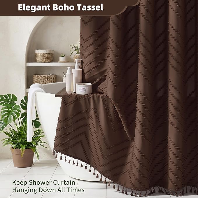 Siiluminisoy Brown Shower Curtain Fabric Shower Curtain for Bathroom 72 x 90 Tufted Chevron Textured Striped Modern Farmhouse Minimalist for Bathroom