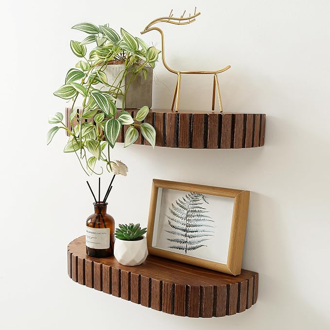 Wood Rounded Fluted Floating Shelf Set of 2, 16Wx5.5D Inch– Modern Display Shelf with Decorative Edge, Rustic Hanging Storage for Plants, Books, Photos & Home Décor