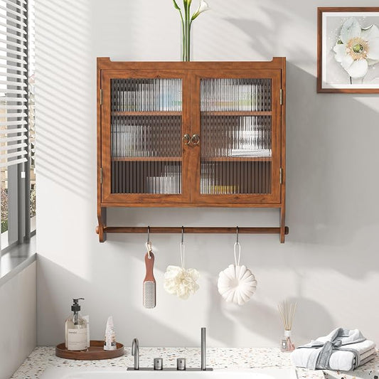 Double Glass Door Wood Wall Cabinet with Detachable Shelves,Brown | Glass Doors, Farmhouse Over The Toilet Storage Cabinets, Adjustable Shelves, Towel Bar, 3-Tier Wall Mounted Cabinets
