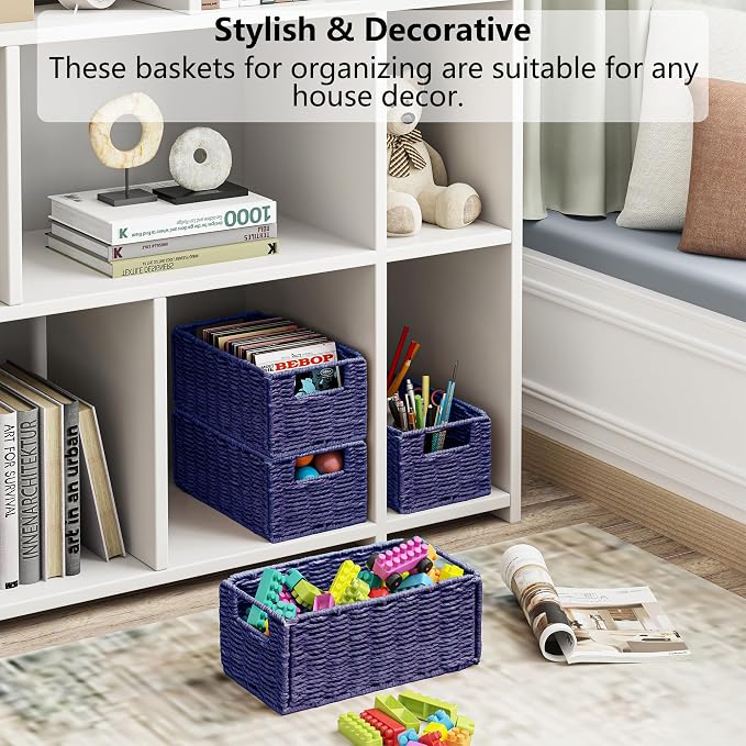 Wicker Storage Basket, Set of 2 Hand-Woven Paper Rope Wicker Basket, Small Storage Baskets for Organizing Toilet Paper, Foldable Small Cube Organizer Bins for Shelves (Purple)