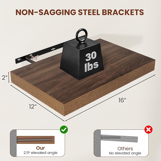 Vivelove Deep Floating Shelves for Wall 16x12” Set of 2, Walnut | Easy Install With Hardware, 2" Thick, Invisible Brackets, Wall Mounted, No Sagging, For Any Room