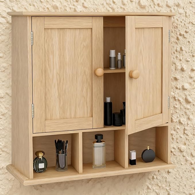 TaoHFE Natural Wooden Color Bathroom Wall Cabinet with 2 Door | Adjustable Shelves Over The Toilet Storage Wall Mounted Medicine Cabinets for Bathroom Laundry Room Kitchen