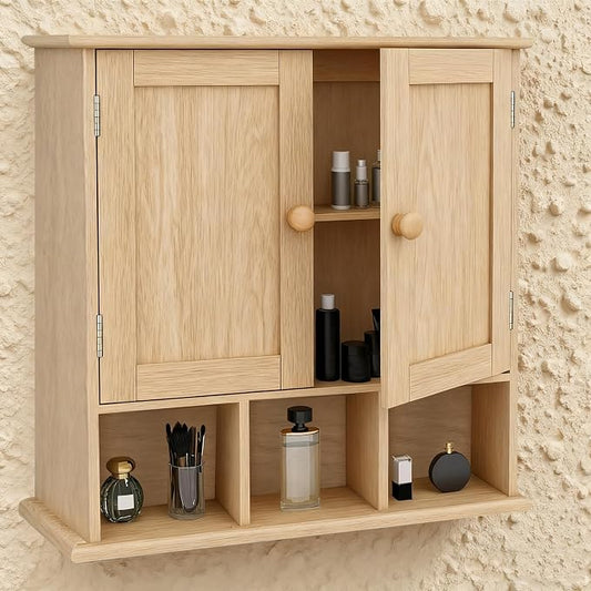 TaoHFE Natural Wooden Color Bathroom Wall Cabinet with 2 Door | Adjustable Shelves Over The Toilet Storage Wall Mounted Medicine Cabinets for Bathroom Laundry Room Kitchen