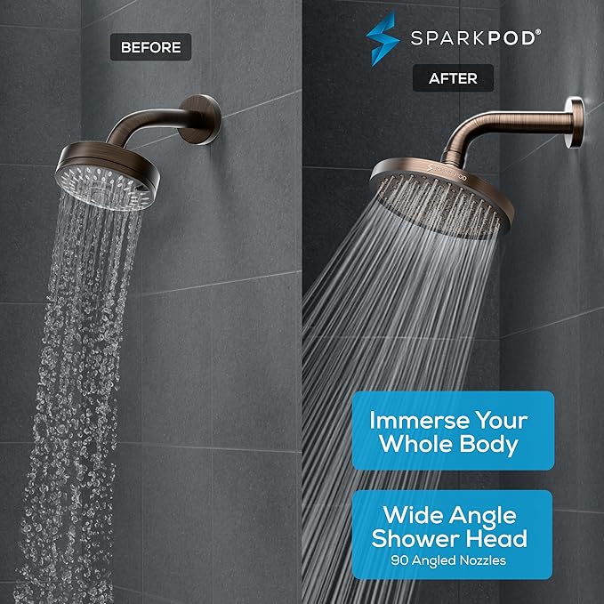 SparkPod Rain Shower Head, 8 Inch Round, Vintage Oil-Rubbed Bronze Finish | High Pressure Shower Heads, 90 Nozzles, Adjustable Showerhead, No Tools Needed, Universal Connection