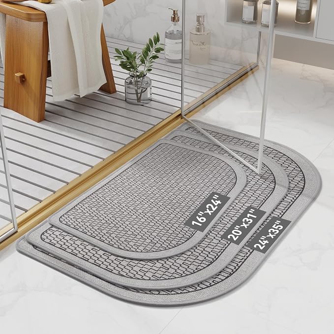Half Circle Bath Mat, Thin Bathroom Rugs Fit Under Door, Grey 20x31 | Non Slip, Quick Dry Absorbent, Rubber Backing Washable, Semi Circle Bathmat for Bathroom Floor, Tub and Shower, Home Decor