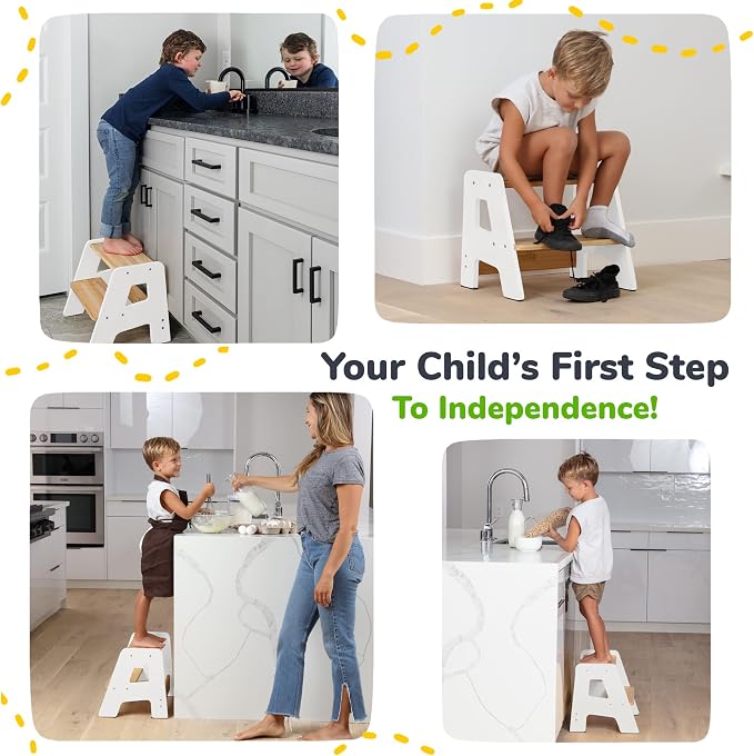 2-Step Wooden Toddler Step Stool for Bathroom Sink & Kitchen Use - White | Non-slip steps and padded feet for extra stability. Lightweight to carry, safely supports ages 2+ and adults up to 250 lbs.