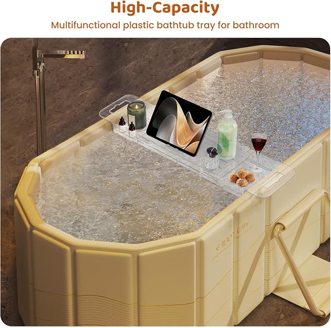 Foldable Bathtub Tray, Adjustable Expandable Bath Tray for Tub 22-31.4in | Clear Acrylic Bathtub Caddy Tray, Shower Tub Organizer Rack with Multi Compartments, Multi-Position Tablet Holder